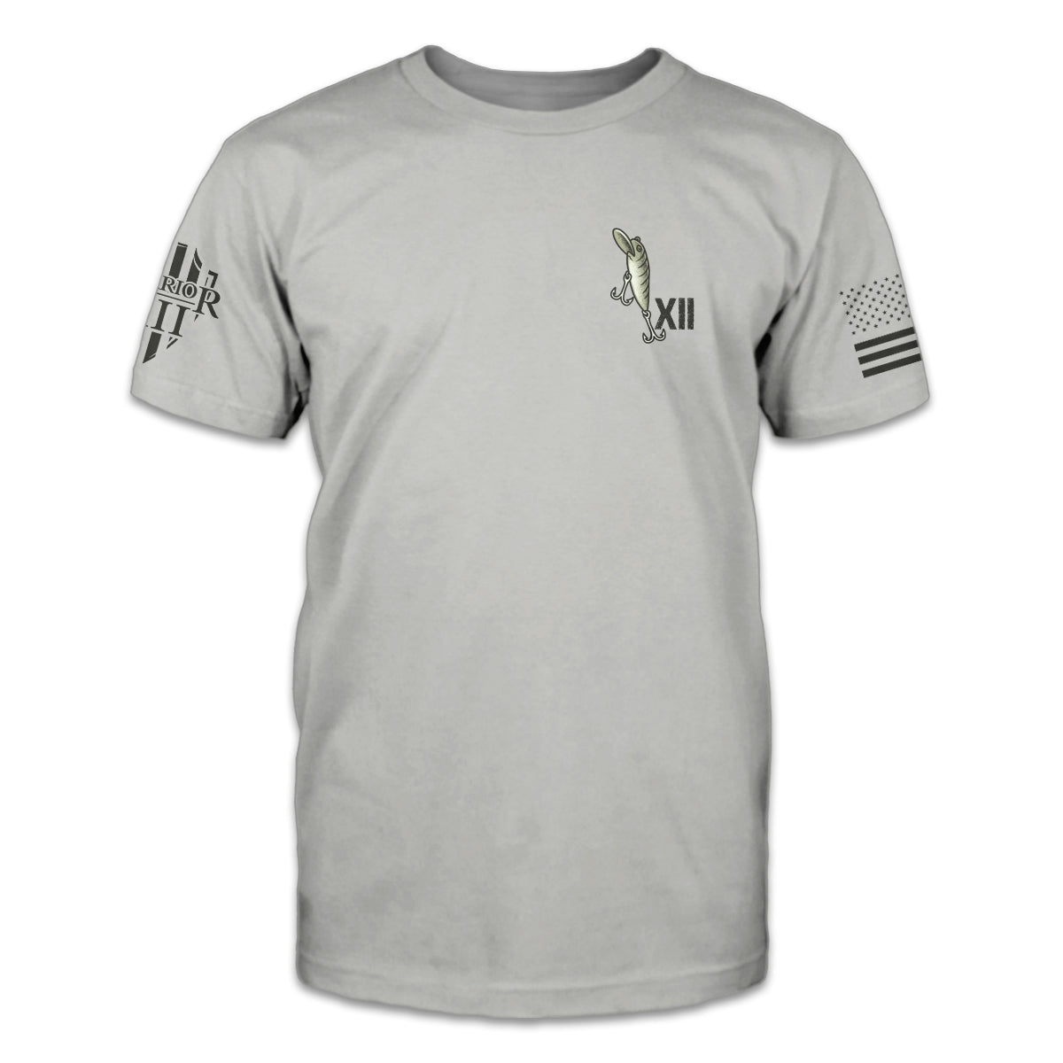 The front of a light grey shirt featuring a small pocket image of a lure.