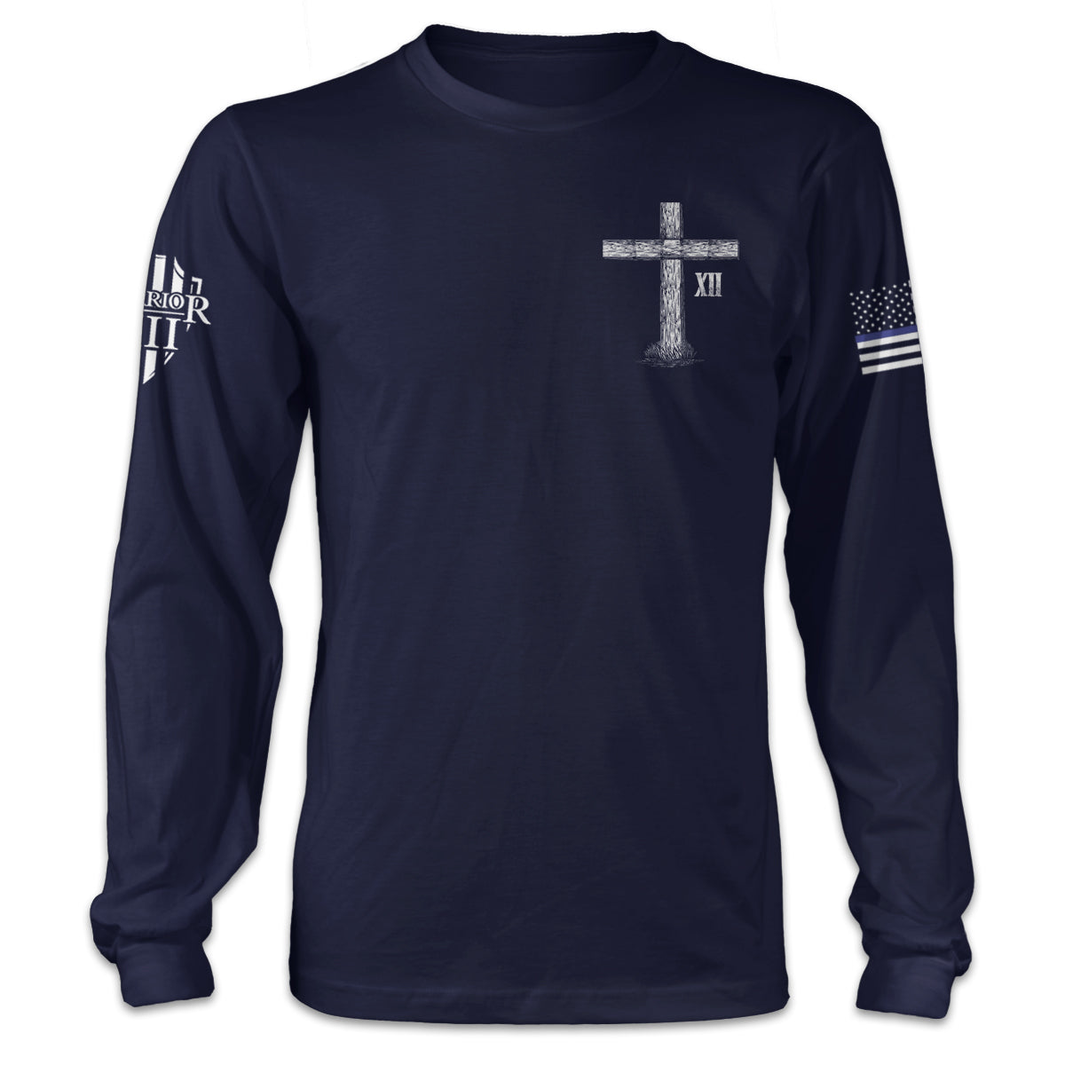 Navy blue Blessed Are The Peacemakers long sleeve shirt with a cross printed on the front of the shirt.eacemakers Long Sleeve