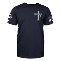 Navy Blue Blessed Are The Peacemakers t-shirt with a cross printed on the front of the shirt.