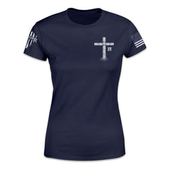 Navy Blue Women's Blessed Are The Peacemakers t-shirt with a cross printed on the front of the shirt.