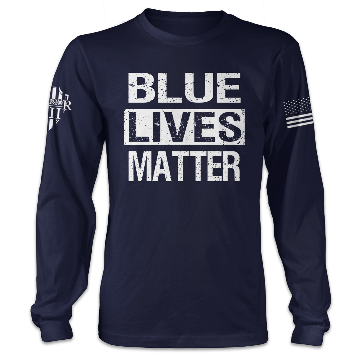 A navy blue long sleeve shirt with the words "Blue Lives Matter" printed on the front.
