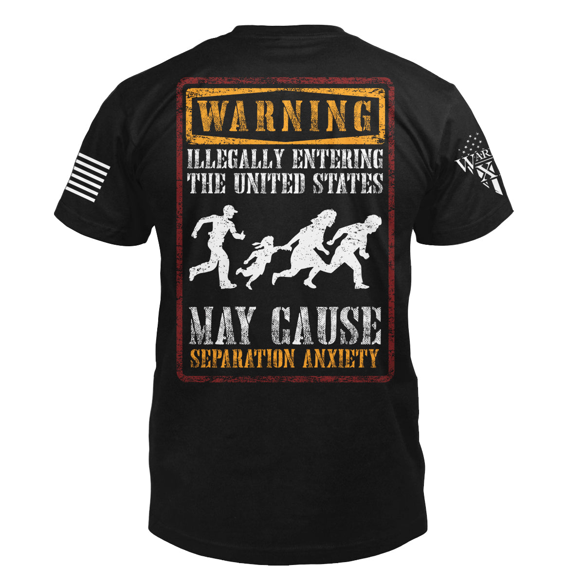 A navy blue t-shirt with the words "illegally entering the United states, may cause seprataion anxiety" with some white figured printed on the back of the shirt.