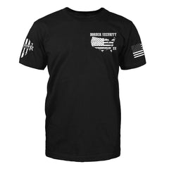 A navy blue t-shirt with United States flag and the words "border patrol" printed on the front of the shirt.