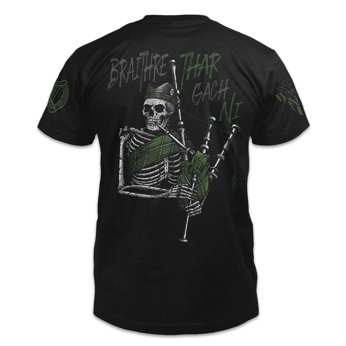 A black t-shirt with the words "Braithre Thar Gach Ni", meaning "Brotherhood Before All" in Gaelic and a skeleton playing the bagpipes printed on the back of the shirt. 