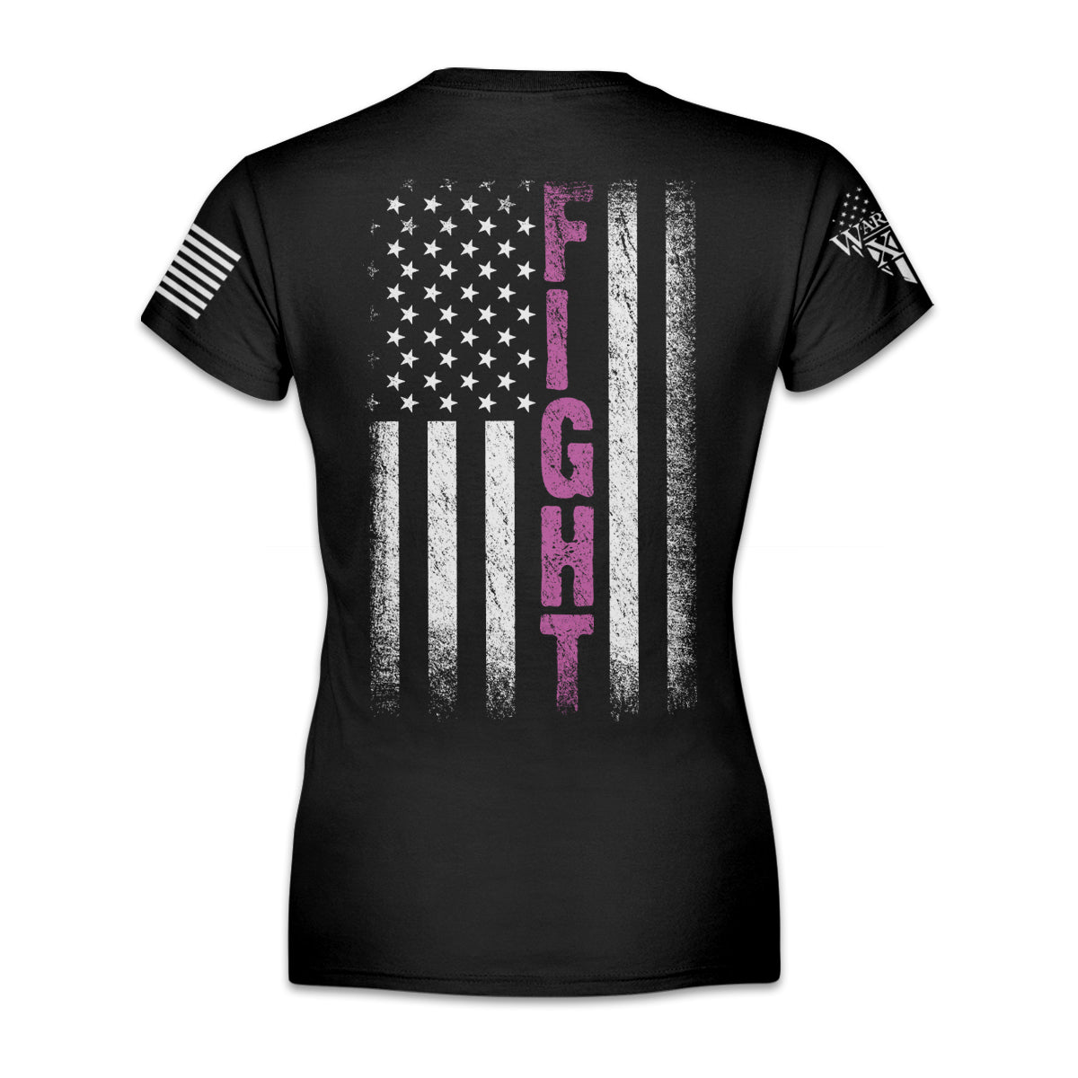 A women's black t-shirt with the words "Fight" within an American flag printed on the back of the shirt for breast cancer awareness Women's Shirt.