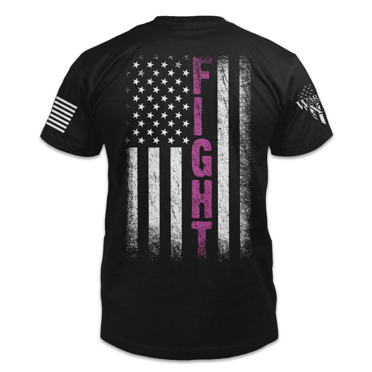 A black t-shirt with the words "Fight" within an American flag printed on the back of the shirt for breast cancer awareness.