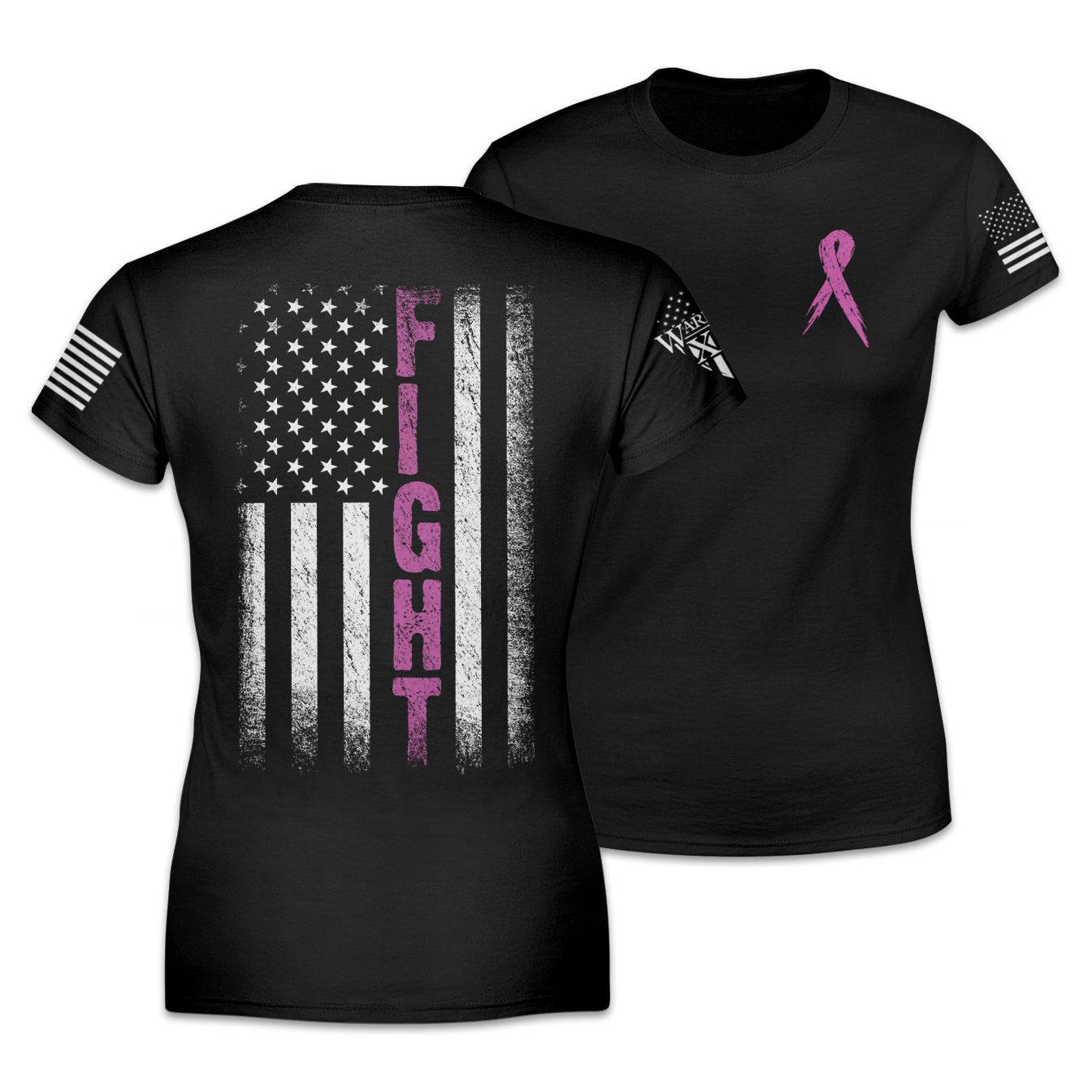 Front & back women's black t-shirt with the words "Fight" within an American flag printed on the back of the shirt for breast cancer awareness Women's Shirt.