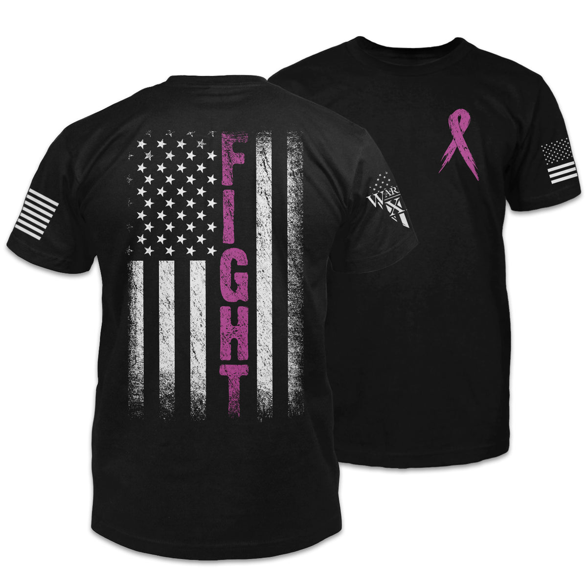 Front & back black t-shirt with the words "Fight" within an American flag printed on the back of the shirt for breast cancer awareness.