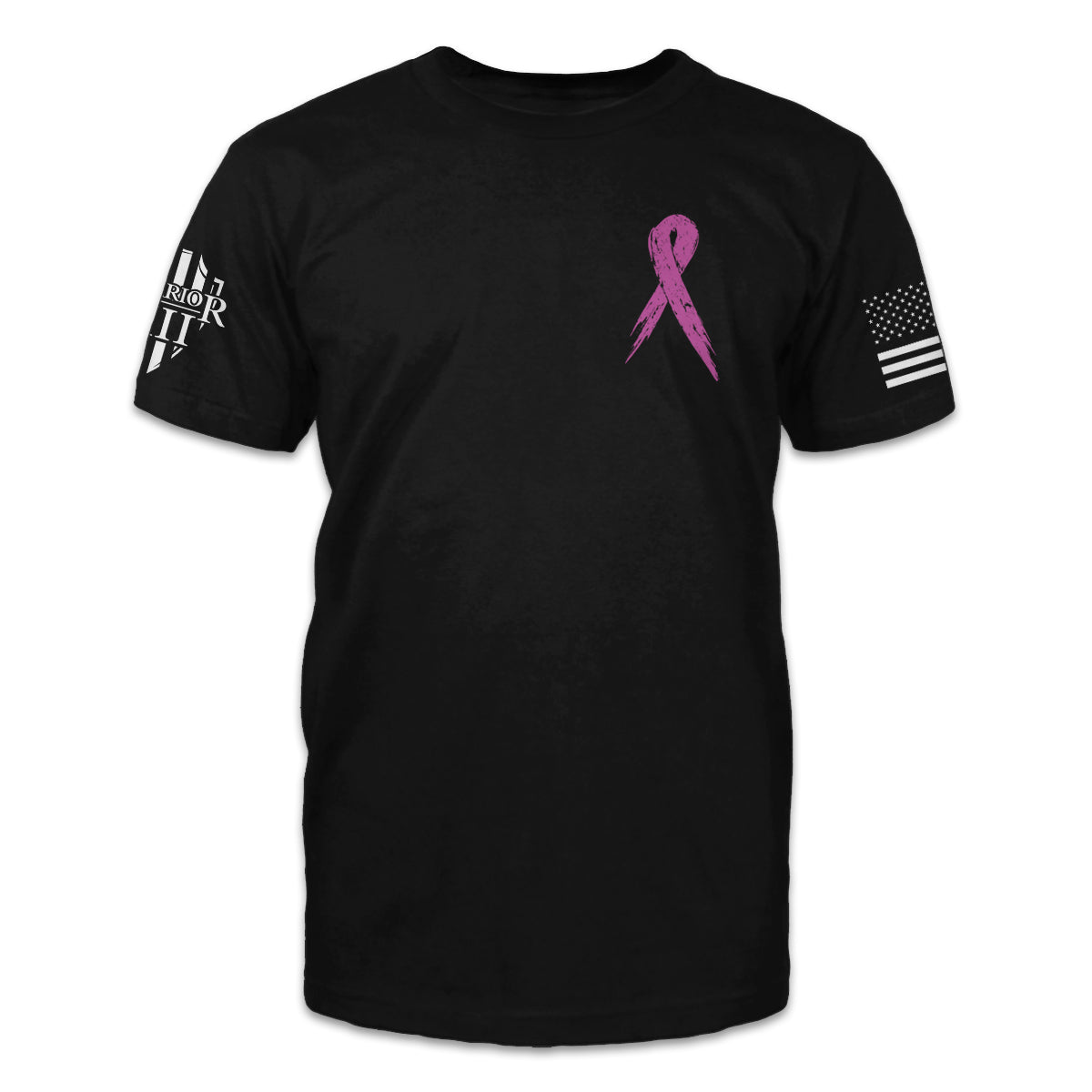 Men's black t-shirt with the pink ribbon for breast cancer awareness.