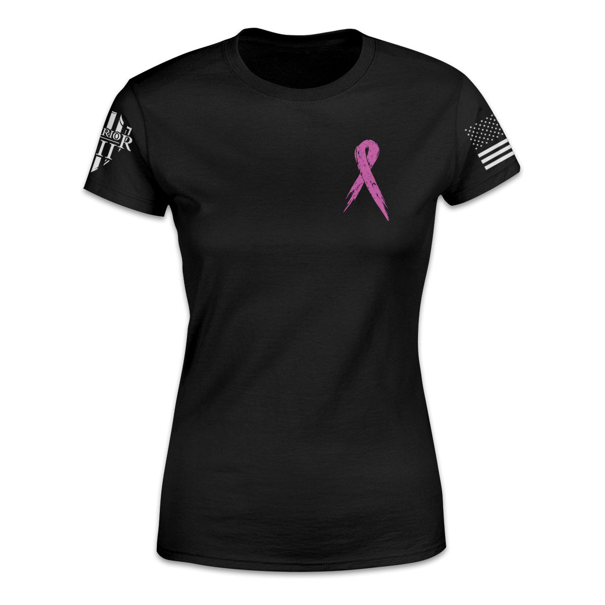 A black t-shirt with a pink ribbon for breast cancer awareness.