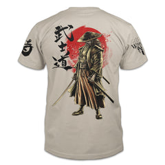 A samurai warrior printed on the back of a light tan t-shirt. 