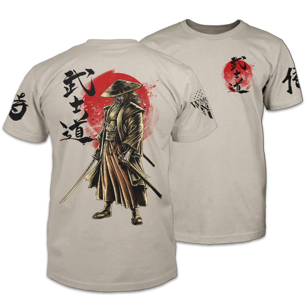 Front and back shirt with a samurai warrior printed on the back of a light tan t-shirt. 