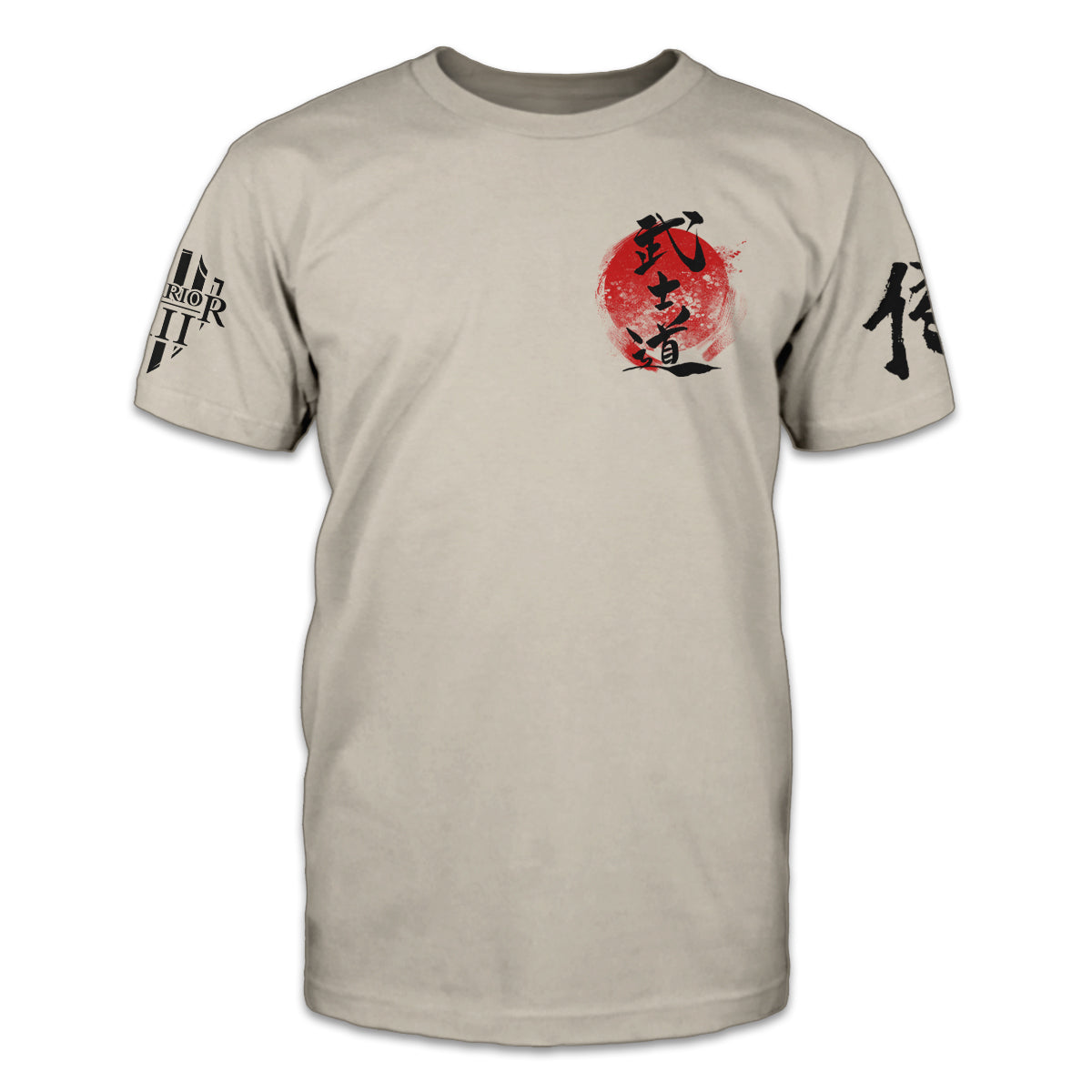 Samurai code is printed on the front of this light tan t-shirt.