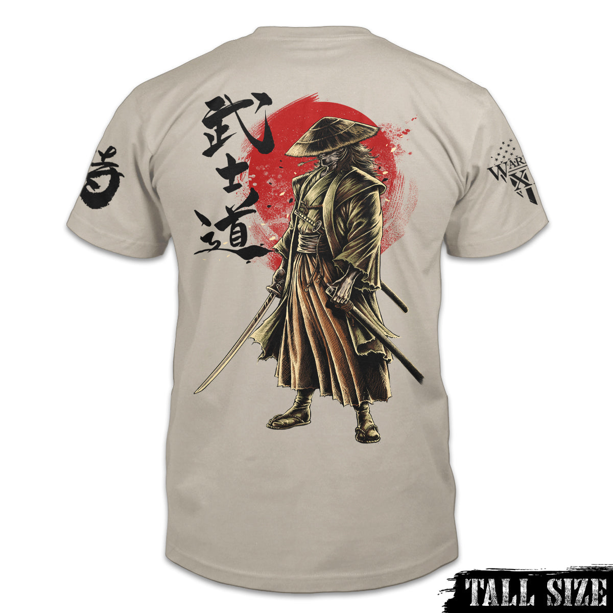 A samurai warrior printed on the back of a light tan tall size shirt.
