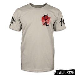 Samurai code is printed on the front of this light tan tall sized shirt.