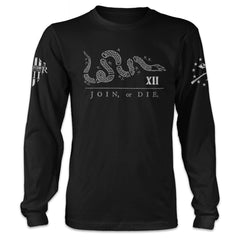 A black long sleeve shirt with the words, "join or die" and a snake printed on the front of the shirt.