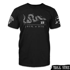 A black tall sized shirt with the words, "join or die" and a snake printed on the front of the shirt.