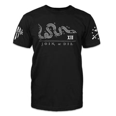 A black t-shirt with the words, "join or die" and a snake printed on the front of the shirt.