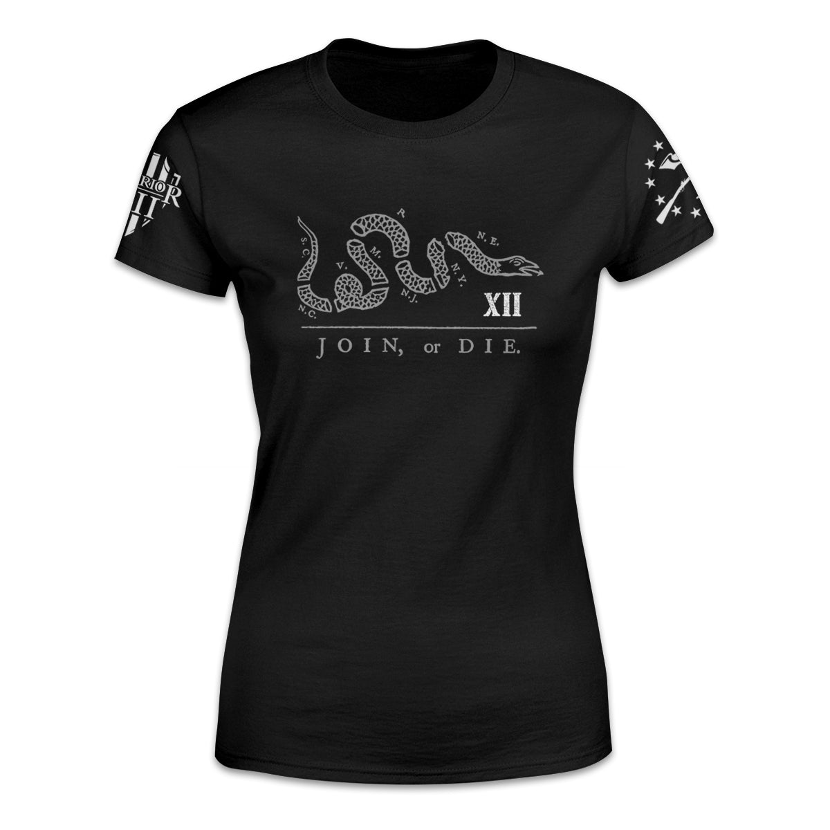 A women's black t-shirt with the words, "join or die" and a snake printed on the front of the shirt.
