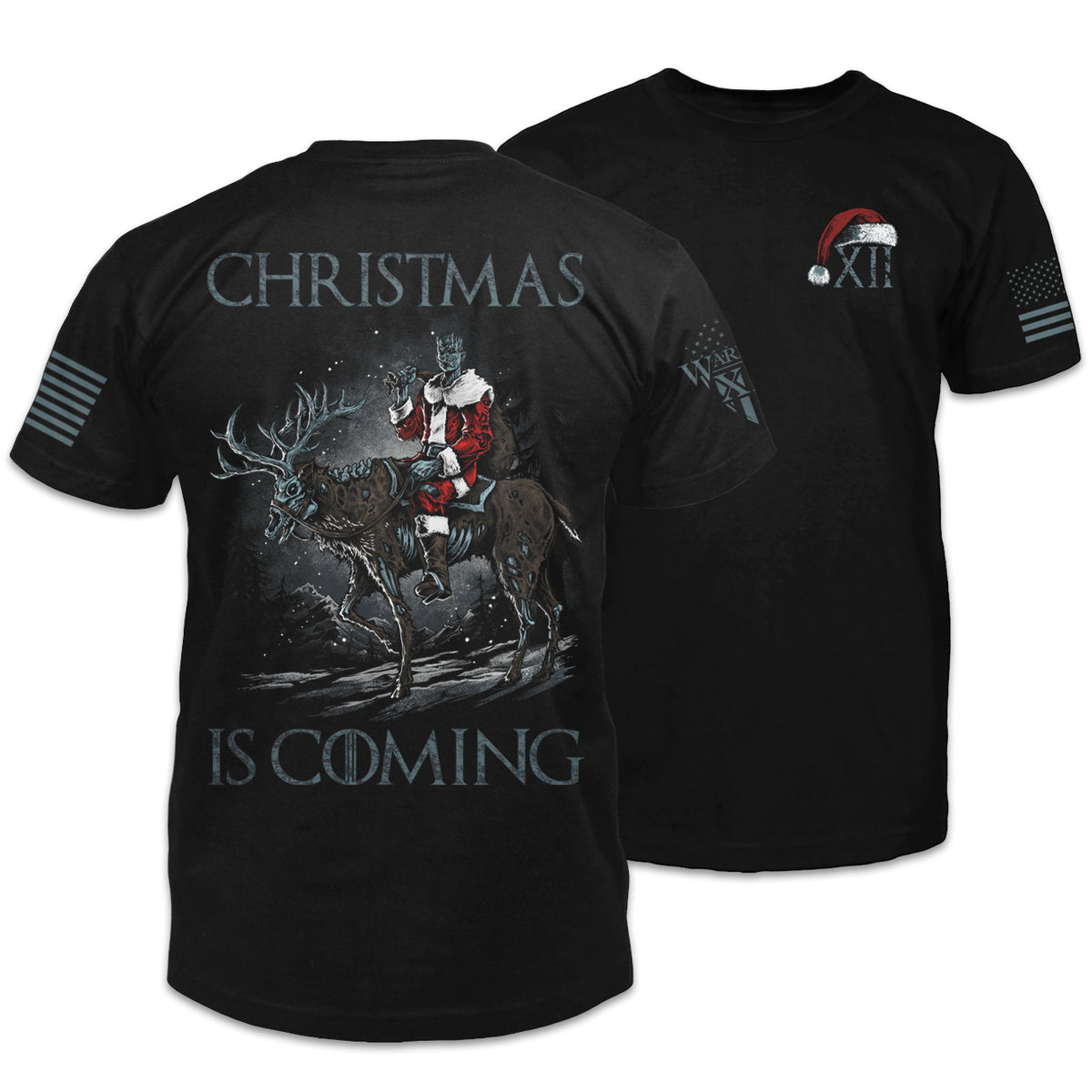 Front and back black t-shirt with the words "Christmas Is Coming" and a horse and figure dressed as santa claus.