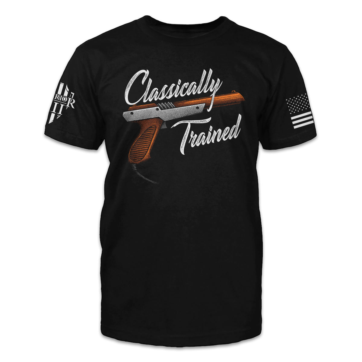 A black t-shirt with the words "Classically Trained" and a pistol printed on the front of the shirt.