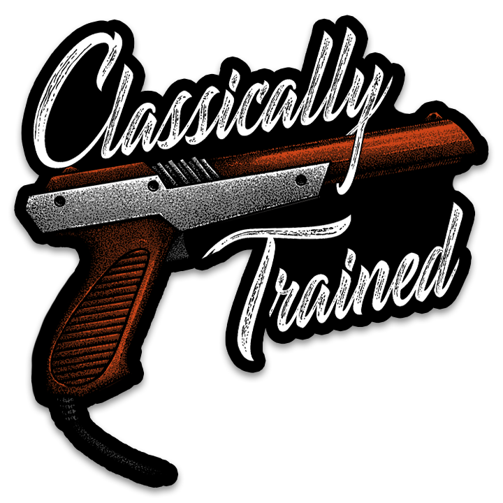 A decal with the words "Classically Trained" and a pistol.