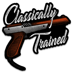 A decal with the words "Classically Trained" and a pistol.