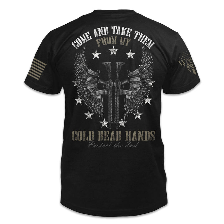 A black t-shirt with the words, "come and take them from my cold dead hands" and two guns with wings printed on the back of the shirt.