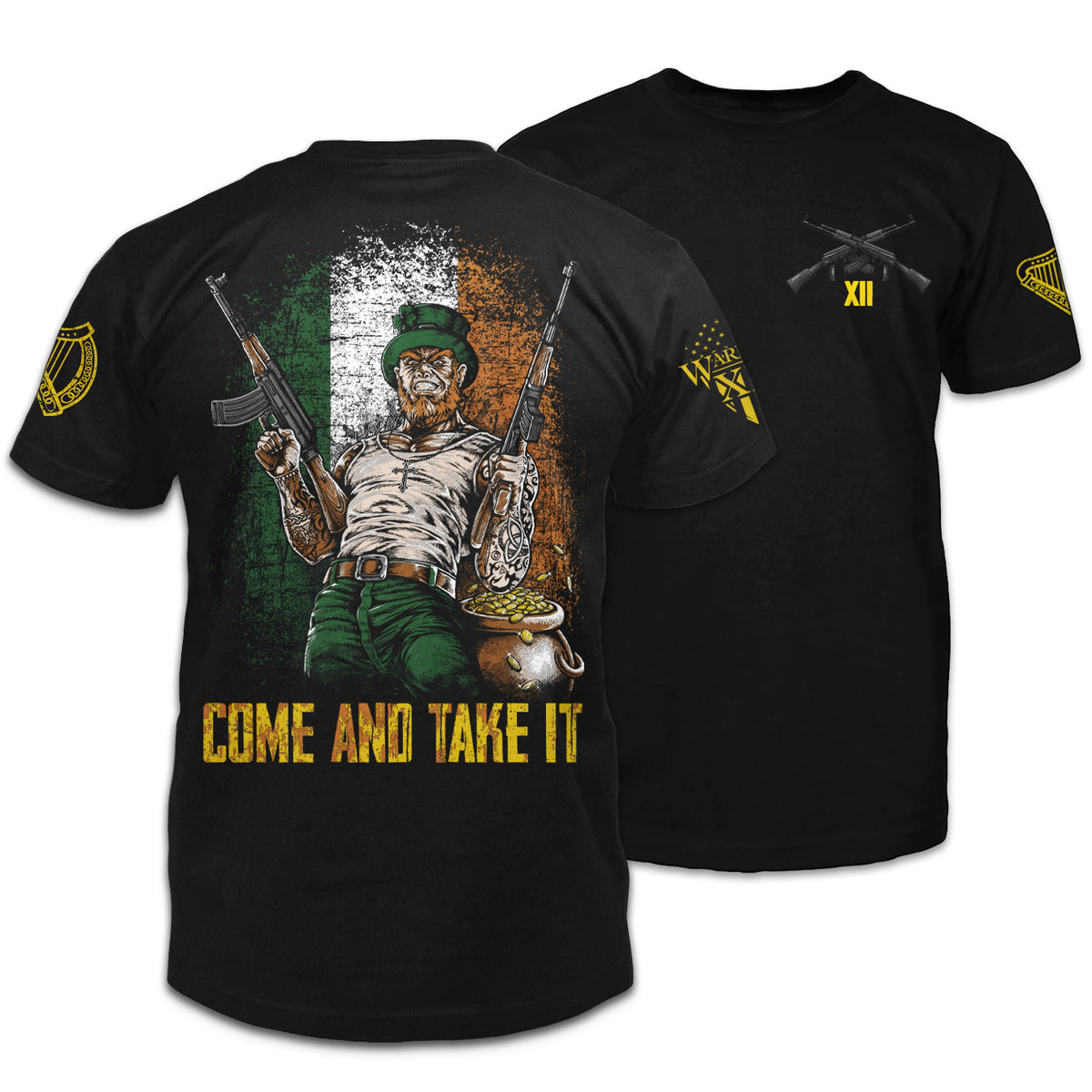Front & back black t-shirt with the words "Come and take it" with an Irish man holding two guns in front of an Irish flag printed on the shirt.