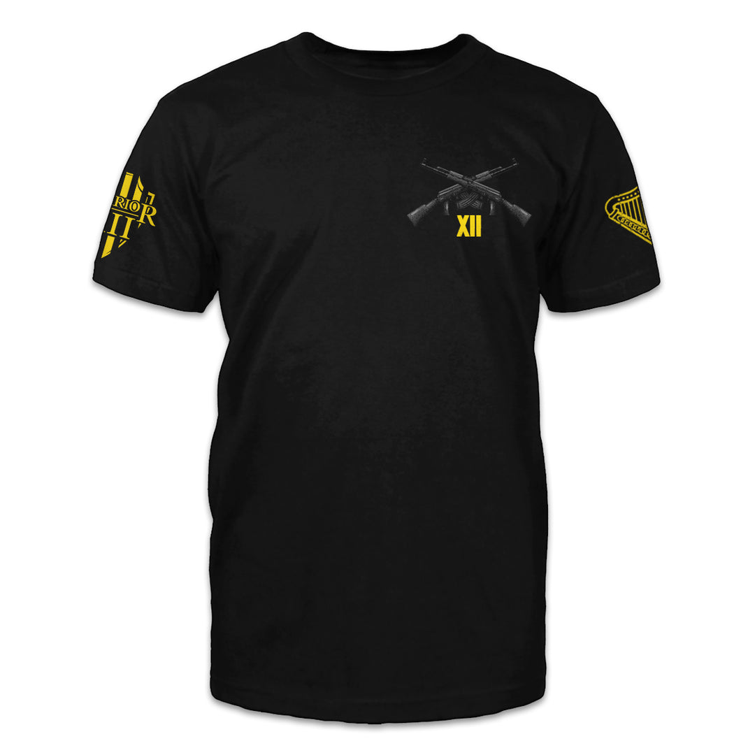 A black t-shirt with two guns crossed over with the roman numerals XII printed on the front of the shirt.