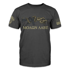 A dark gray t-shirt with the words 'Molon Labe,' meaning "Come and Take," and a gun with a snake printed on the front of the shirt.