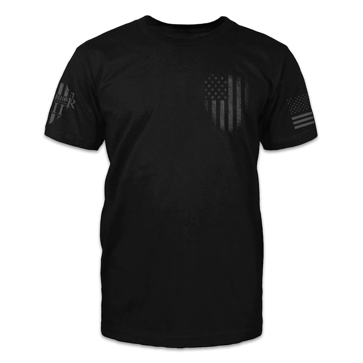 A darkened American flag emblem printed on the front of the t-shirt.