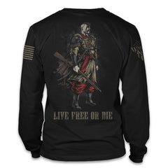A black long sleeve shirt with a cossack warrior with the words "live free or die" printed on the back of the shirt.
