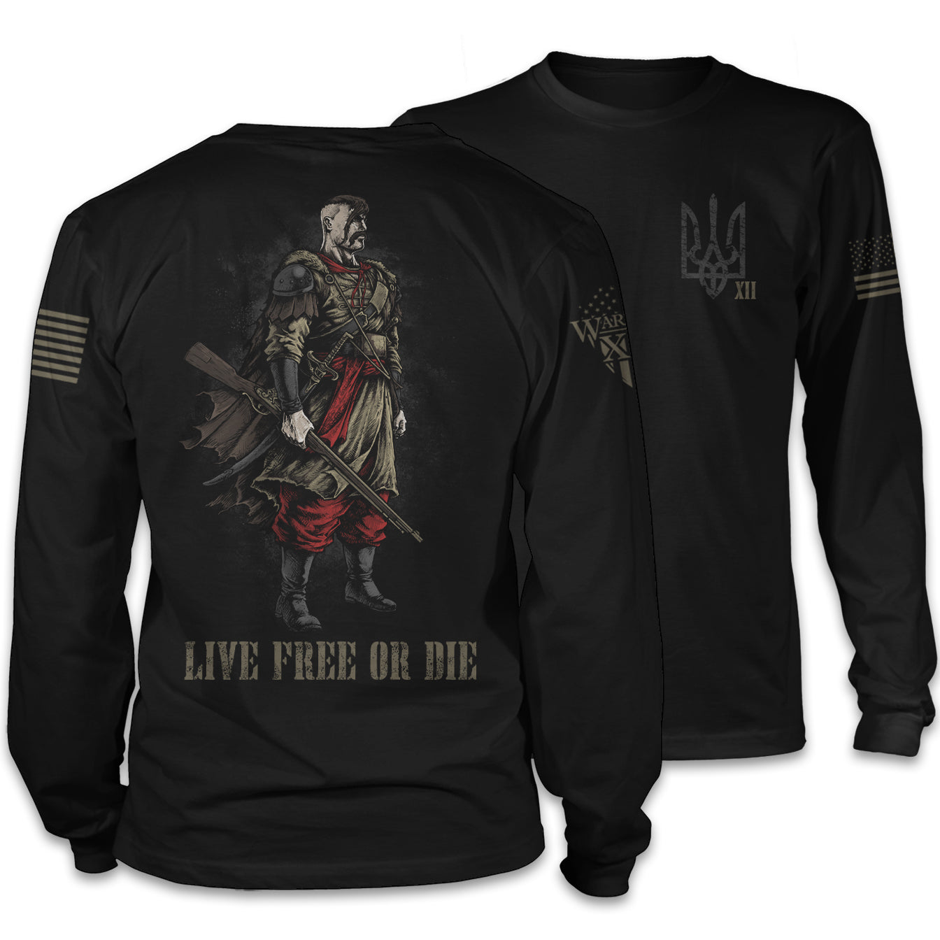Front & back black long sleeve shirt with a cossack warrior with the words "live free or die" printed on the back of the shirt.