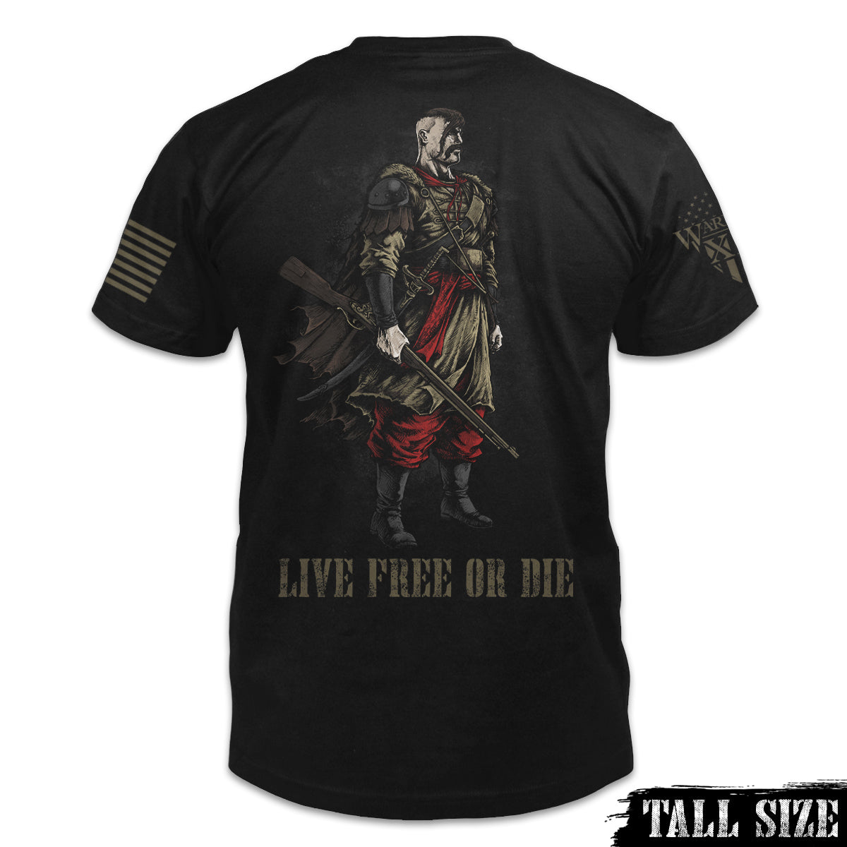A black tall sized shirt with a cossack warrior with the words "live free or die" printed on the back of the shirt.
