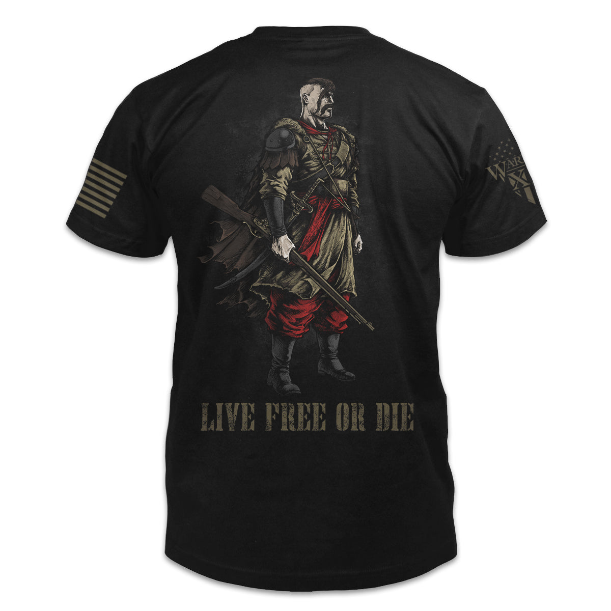 A black t-shirt with a cossack warrior with the words "live free or die" printed on the back of the shirt.