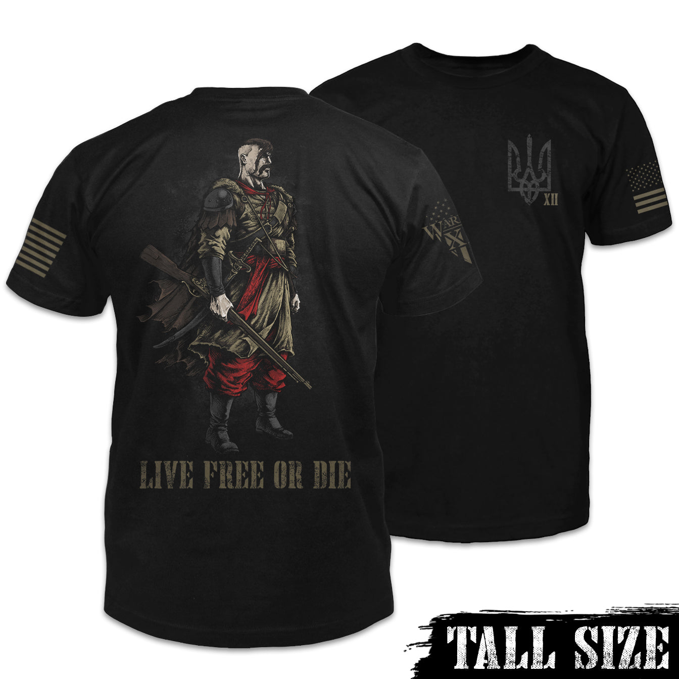 Front & back black tall sized shirt with a cossack warrior with the words "live free or die" printed on the back of the shirt.