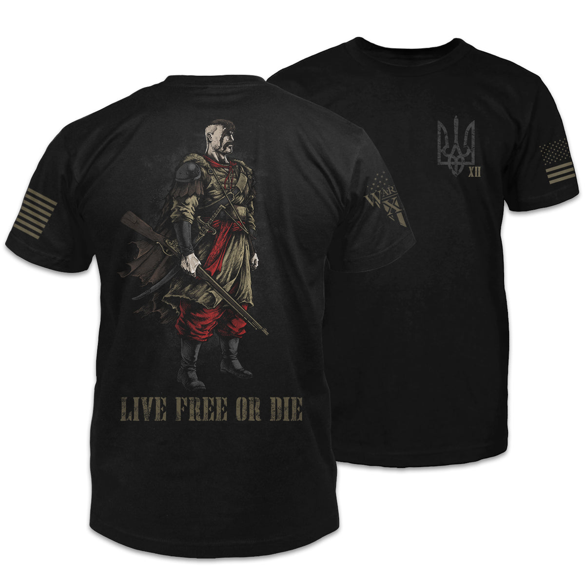 Front & back black t-shirt with a cossack warrior with the words "live free or die" printed on the back of the shirt.