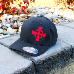 A Crusader Flexfit hat features the Warrior 12 crusader cross embroidered on black a Flexfit hat.