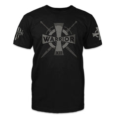 A black t-shirt with a crusader cross printed on the front of the shirt.