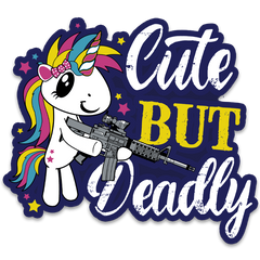 A decal with the words "cute but deadly" and a unicorn holding a gun.