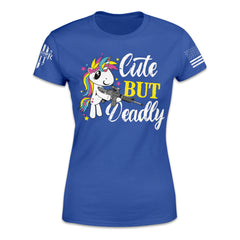 Women's blue t-shirt with the words "cute but deadly" and a unicorn holding a gun printed on the front of the shirt.