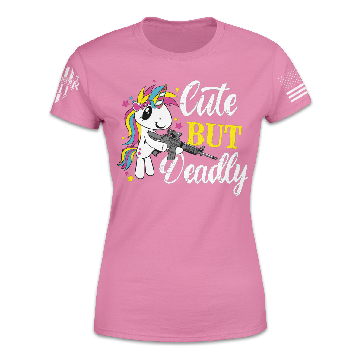 Women's pink t-shirt with the words "cute but deadly" and a unicorn holding a gun printed on the front of the shirt.