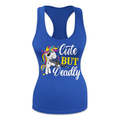 Women's blue fitted tank top with the words "cute but deadly" and a unicorn holding a gun printed on the front of the shirt.
