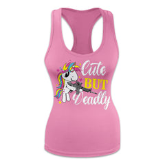 Women's pink fitted tank top with the words "cute but deadly" and a unicorn holding a gun printed on the front of the shirt.