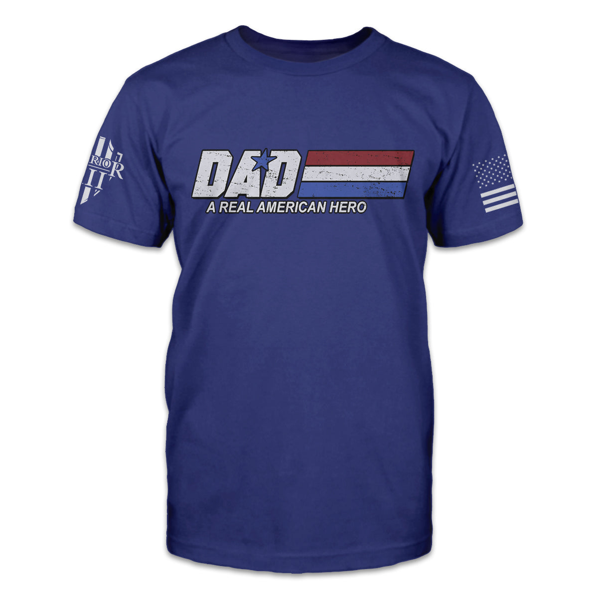 A blue t-shirt with the words "Dad: A Real American Hero" printed on the front.