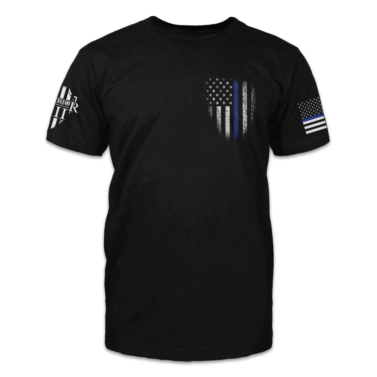 A black t-shirt with a darkened USA flag with a thin blue line printed on the front of the shirt.