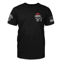 A black shirt with a skeleton wearing a Christmas hat printed on the front.
