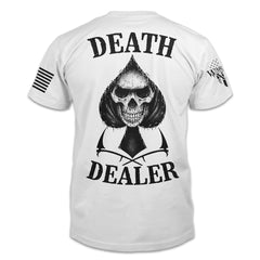 A white t-shirt with the words "Death Dealer" with a skull inside printed on the back of the shirt.