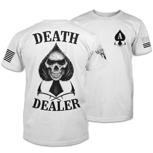 Front and back white t-shirt with the words "Death Dealer" with a skull inside an Ace of Spades printed on the shirt.